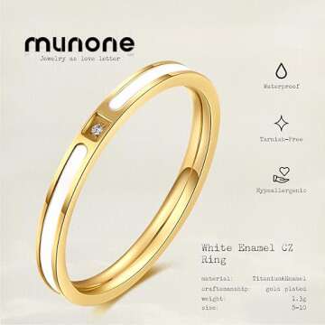 munone White Enamel Cubic Zirconia 14k Gold Plated Titanium Elegant Minimalist Stackable Rings Non T...