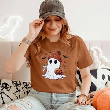 Halloween Shirts for Women Cute Ghost Shirt Fall Pumpkin Tshirt Coffee Lover Graphic Tees Casual Sho...