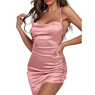 LYANER Women's Satin Ruched Bodycon Spaghetti Strap Sexy Cocktail Mini Dress Light Pink Small