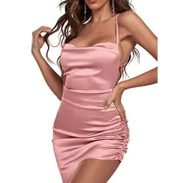 LYANER Women's Satin Ruched Bodycon Spaghetti Strap Sexy Cocktail Mini Dress Light Pink Small