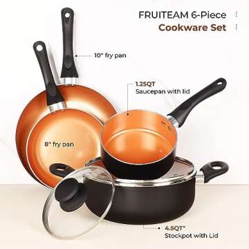 FRUITEAM 6pcs Cookware Set Ceramic Nonstick Soup Pot/Sauce Pan/Frying Pans Set, Copper Aluminum Pan ...