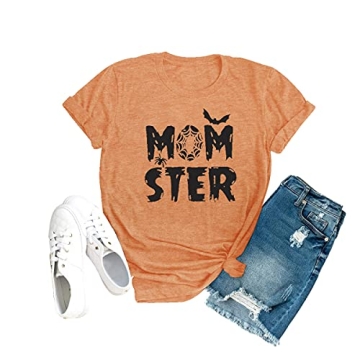 Women Momster T-Shirt - Fun Halloween Spider Bat Graphic Tee for Moms