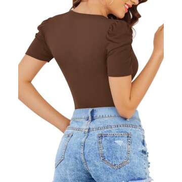 MANGOPOP Women's Bodysuit Deep V Neck Puff Short Sleeve Slim Fit Body Suits Casual Blouse Tops Elegant