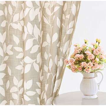 Treatmentex Leaf Print Semi Sheer Curtains for Living Room 52" x 63" White and Taupe Curtain Panels for Windows, 2 Pack, Taupe, Grommet Top