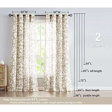 Treatmentex Leaf Print Semi Sheer Curtains for Living Room 52" x 63" White and Taupe Curtain Panels for Windows, 2 Pack, Taupe, Grommet Top