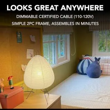 Dimmable Japanese Rice Paper Lantern Lamp - Akari Noguchi Lamp with Washi Paper Shade, Japandi Style Paper Lamp for Bedside or Desk