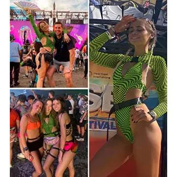 Rave Outfits for Women - EDC Festival Neon Bodysuit Concert Swimsuit Mesh Buckle Crop Top Club Party 2 Pcs Set(GBPlaid,S,1017a)