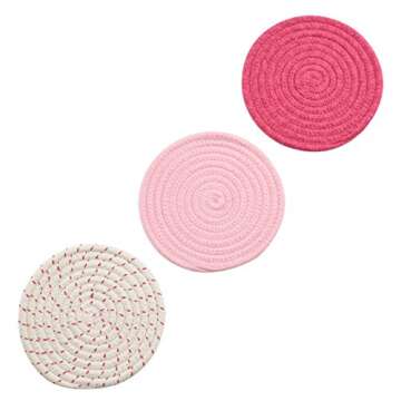 Kitchen Potholders Set Trivets Set 100% Pure Cotton Thread Weave Hot Pot Holders Set (Set of 3) Stylish Coasters, Hot Pads, Hot Mats, Spoon Rest For Cooking and Baking by Diameter 7 Inches (Pink)