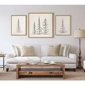 Kate and Laurel Sylvie Minimalist Evergreen Trees Framed Linen Textured Canvas Wall Art by The Creative Bunch Studio, Set of 2, 18x24 Natural, Modern Nature Art for Wall