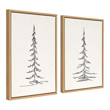 Kate and Laurel Sylvie Minimalist Evergreen Trees Framed Linen Textured Canvas Wall Art by The Creative Bunch Studio, Set of 2, 18x24 Natural, Modern Nature Art for Wall