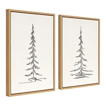 Kate and Laurel Sylvie Minimalist Evergreen Trees Framed Linen Textured Canvas Wall Art by The Creative Bunch Studio, Set of 2, 18x24 Natural, Modern Nature Art for Wall