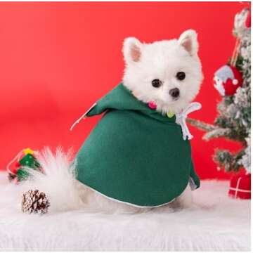 ANIAC Pet Dog Christmas Costume Puppy Cloak with Star and Pompoms Cat Santa Cape with Hat Winter Dog Outfit for Cats and Small Dog (Medium, Green)