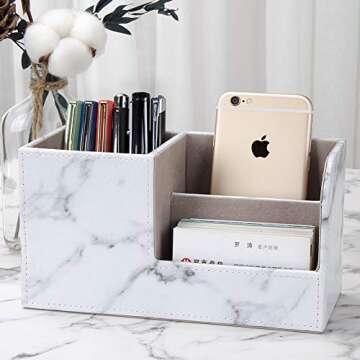 KINGFOM Desk Organizer Office Supplies Caddy Pu Leather Multi-function Storage Box Pen/Pencil,Cell phone, Business Name Cards Remote Control Holder Gray Marble