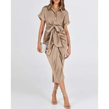BTFBM 2024 Women Button Down Ruched Shirt Dresses Short Sleeve Lapel V Neck Elegant Party Spring Summer Maxi Satin Dress(Short Sleeve Light Khaki, Medium)