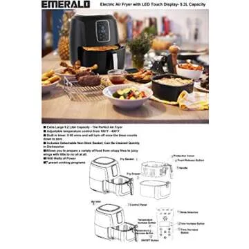 Emerald Electric Air Fryer with LED Touch Display - 5.2L Capacity for Healthy Cooking