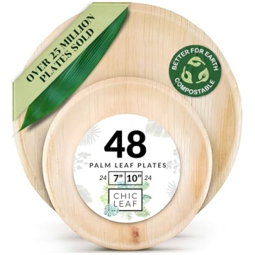 Chic Leaf Palm Leaf Plates Disposable Bamboo Plates Like 10 Inch & 7 Inch Round Party Pack (48 pk) C...