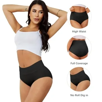 Voenxe Women's High Waisted Cotton Briefs Comfortable No Ride Up