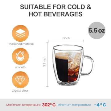 YUNCANG 5.5 oz Espresso Mugs (Set of 4), Double Wall Glass Coffee Cups with Handle Insulated Glasses...