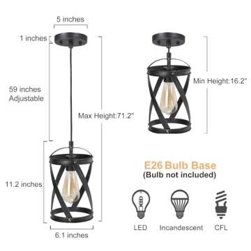 LOG BARN Farmhouse Cage Pendant Light Fixtures, Rustic Industrial Hanging Pendant Lighting with Brushed Finish for Kitchen Island, Foyer, Hallway, Bedroom and Entryway