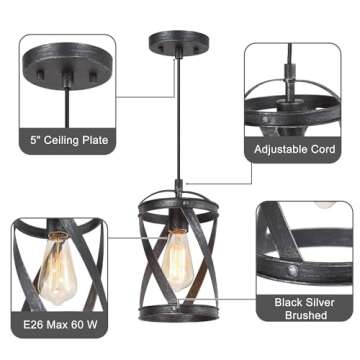 LOG BARN Farmhouse Cage Pendant Light Fixtures, Rustic Industrial Hanging Pendant Lighting with Brushed Finish for Kitchen Island, Foyer, Hallway, Bedroom and Entryway