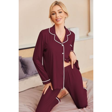 Ekouaer Women's Long Sleeve Pajama Set in Wine Red