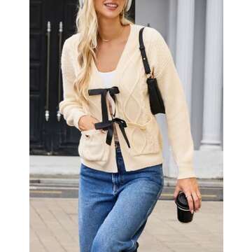 BMJL Womens Cardigan Sweater Cropped Tie Front Bow Sweaters Cable Knit Long Sleeve Trendy Clothes 2024（L,Apricot）