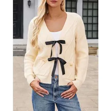 BMJL Womens Cardigan Sweater Cropped Tie Front Bow Sweaters Cable Knit Long Sleeve Trendy Clothes 2024（L,Apricot）