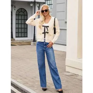 BMJL Womens Cardigan Sweater Cropped Tie Front Bow Sweaters Cable Knit Long Sleeve Trendy Clothes 2024（L,Apricot）