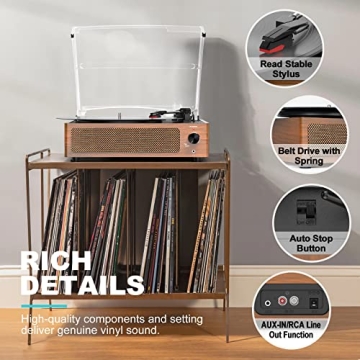 Vinyl Record Player with Speakers Vintage Turntable for Vinyl Records Belt-Driven Turntable Support 3-Speed Bluetooth Playback Headphone AUX RCA Line LP Vinyl Players for Sound Enjoyment Retro Brown