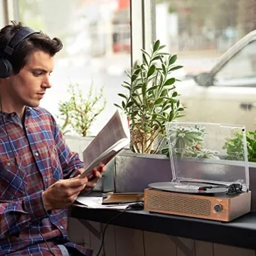 Vinyl Record Player with Speakers Vintage Turntable for Vinyl Records Belt-Driven Turntable Support 3-Speed Bluetooth Playback Headphone AUX RCA Line LP Vinyl Players for Sound Enjoyment Retro Brown