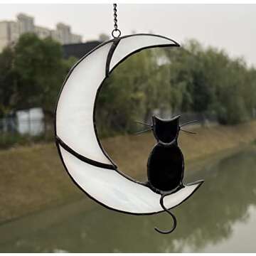 Black Cat Decor On White Moon Stained Glass Window Hanging Suncatcher for Windows Panels Sun Catcher...