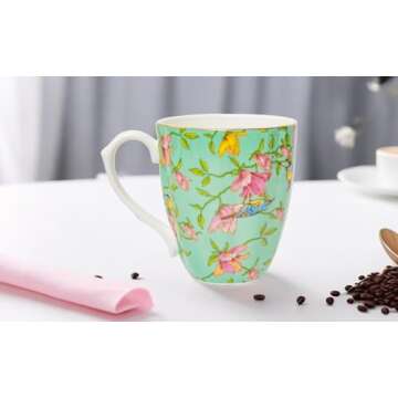 Flora 13oz Bone China Coffee Mugs - Teacups for Valentine's Day, Christmas, Birthdays - Gifts for Women, Friends, Coworkers, Boss