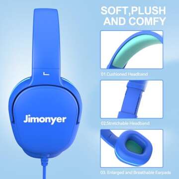 Jimonyer Kids Headphones for School, 3.5mm Jack Wired Headphones for Kids with Safe Volume Limiter, HD Stereo Sound On-Ear Girls Boys Toddler Headphone for Tablet, iPad, Kindle(Blue)