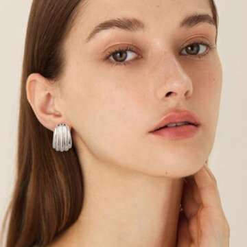 MUYAN Silver Striped Ridged Chunky Earrings for Women Trendy Minimalist Large Ribbed Textured Studs Jewelry