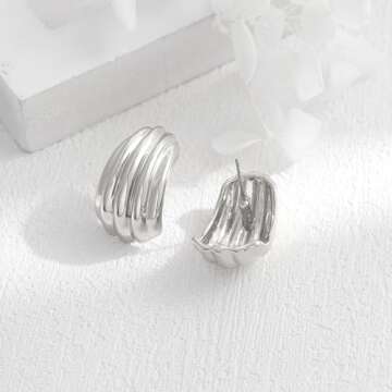 MUYAN Silver Striped Ridged Chunky Earrings for Women Trendy Minimalist Large Ribbed Textured Studs Jewelry