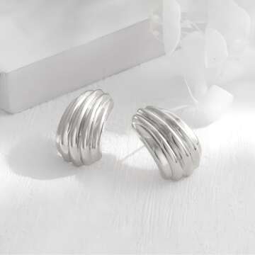 MUYAN Silver Striped Ridged Chunky Earrings for Women Trendy Minimalist Large Ribbed Textured Studs Jewelry