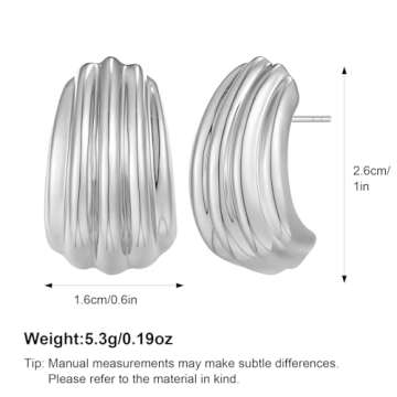MUYAN Silver Striped Ridged Chunky Earrings for Women Trendy Minimalist Large Ribbed Textured Studs Jewelry