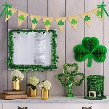 Glitter Shamrock Garland Banner Burlap | Rustic St. Patrick's Day Shamrock Garland | St. Patrick's Day Decorations | Shamrock Clover Garland Banner | Irish Lucky Day Home Outdoor Hanging Decor