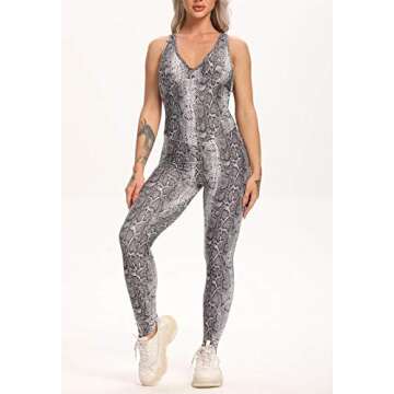 FITTOO Womens Sexy Backless Workout Romper Jumpsuit Textured Tie-Dye One Piece Activewear Snakeskin ...