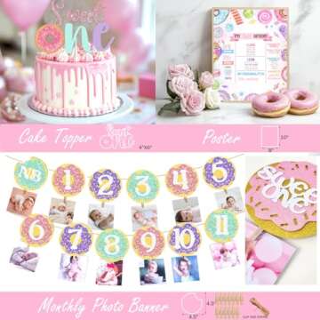 Hombae Sweet One Birthday Party Decorations, Donut 1st Party Decorations, Sweet One Backdrop Balloon Photo Highchair Banner Cake Topper Box Poster Crown for Girls Pastel First Birthday Supplies