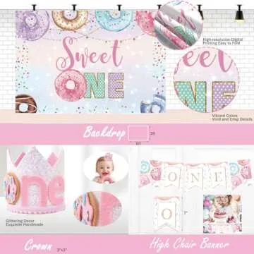 Hombae Sweet One Birthday Party Decorations, Donut 1st Party Decorations, Sweet One Backdrop Balloon Photo Highchair Banner Cake Topper Box Poster Crown for Girls Pastel First Birthday Supplies