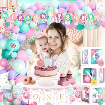 Hombae Sweet One Birthday Party Decorations, Donut 1st Party Decorations, Sweet One Backdrop Balloon Photo Highchair Banner Cake Topper Box Poster Crown for Girls Pastel First Birthday Supplies