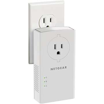 NETGEAR Powerline adapter Kit, 2000 Mbps Wall-plug, 2 Gigabit Ethernet Ports with Passthrough + Extra Outlet (PLP2000-100PAS), White