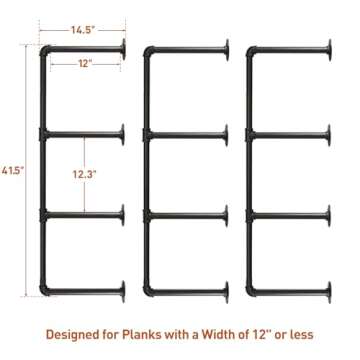 HITOMEN Industrial Iron Pipe Shelves, 3 Set 4-Tier 41.5" Tall 12" Depth, DIY Open Bookshelf Bookcase, Wall Mounted Vintage Retro Shelving, Rustic Farmhouse Pantry Kitchen Storage, Black Shelf Brackets