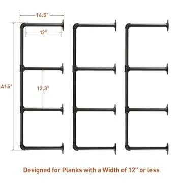 HITOMEN Industrial Iron Pipe Shelves, 3 Set 4-Tier 41.5" Tall 12" Depth, DIY Open Bookshelf Bookcase, Wall Mounted Vintage Retro Shelving, Rustic Farmhouse Pantry Kitchen Storage, Black Shelf Brackets