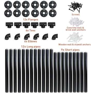 HITOMEN Industrial Iron Pipe Shelves, 3 Set 4-Tier 41.5" Tall 12" Depth, DIY Open Bookshelf Bookcase, Wall Mounted Vintage Retro Shelving, Rustic Farmhouse Pantry Kitchen Storage, Black Shelf Brackets