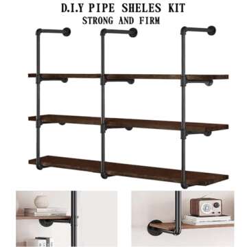 HITOMEN Industrial Iron Pipe Shelves, 3 Set 4-Tier 41.5" Tall 12" Depth, DIY Open Bookshelf Bookcase, Wall Mounted Vintage Retro Shelving, Rustic Farmhouse Pantry Kitchen Storage, Black Shelf Brackets