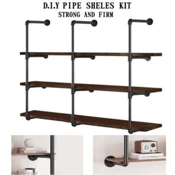 HITOMEN Industrial Iron Pipe Shelves, 3 Set 4-Tier 41.5" Tall 12" Depth, DIY Open Bookshelf Bookcase, Wall Mounted Vintage Retro Shelving, Rustic Farmhouse Pantry Kitchen Storage, Black Shelf Brackets