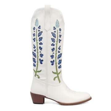 Phefarer Cowboy Boots for Women - Cute Bluebonnet Floral Embroidered Fashion Boots
