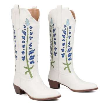 Stylish Phefarer Cowboy Boots with Bluebonnet Embroidery